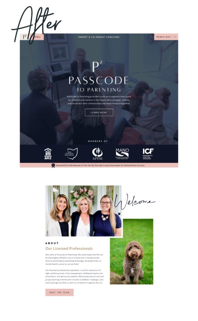 After image with professional website photography of the Passcode to Parenting website homepage featuring a clean, modern design with professional, branded photography.