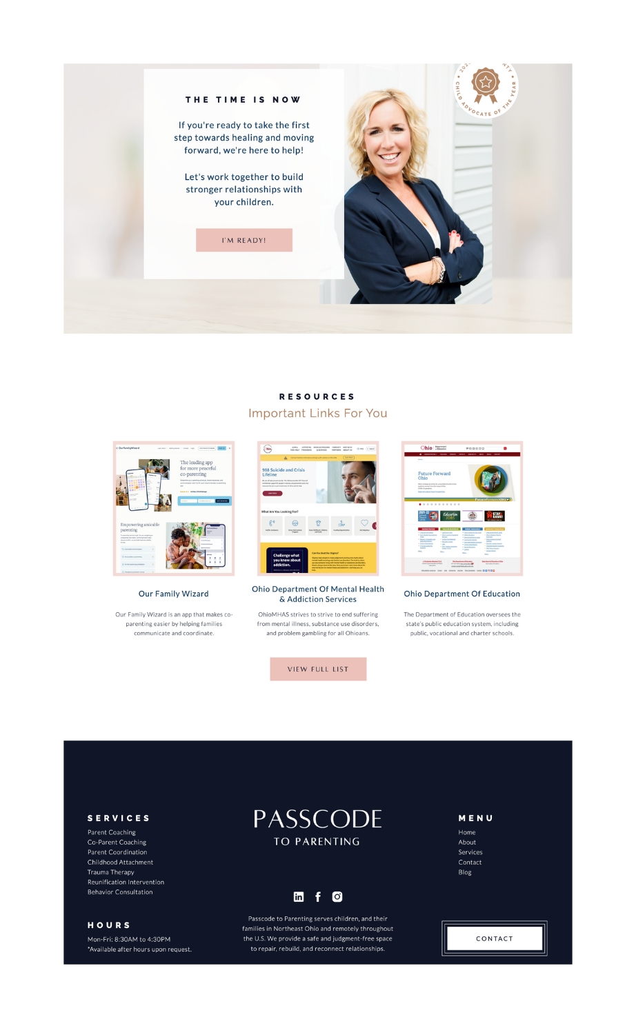 After image with professional website photography showcasing a section further down the homepage of the Passcode to Parenting website, highlighting cohesive branding and high-quality, authentic visuals.