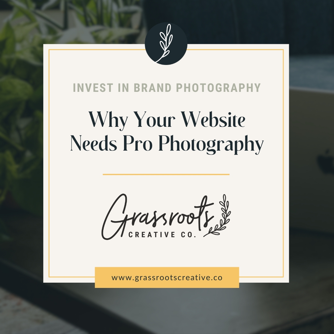 Square graphic with text: why your website needs pro photography, surrounded by Grassroots workspace.