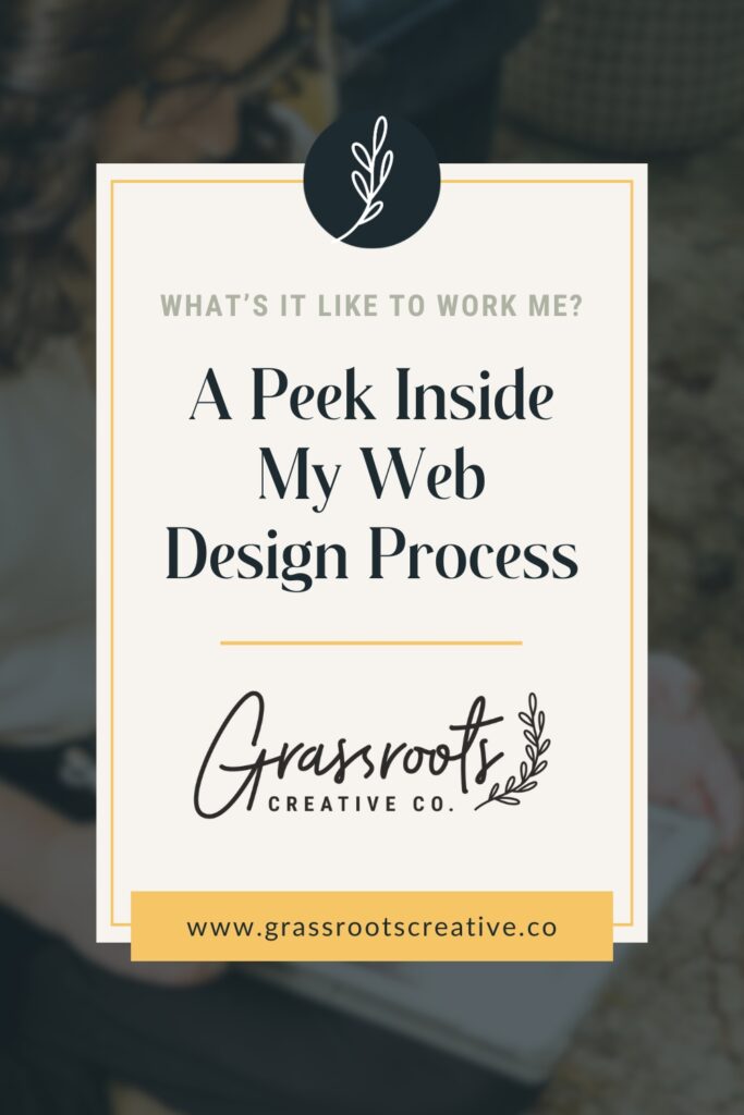 Rectangle graphic with text: a peek inside my web design process, surrounded by Grassroots workspace.