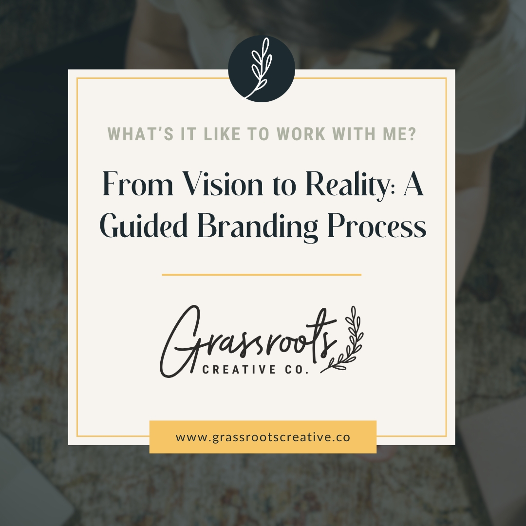 Square graphic with text: "From Vision to Reality: A Guided Branding Process," placed within the Grassroots Creative Company workspace.