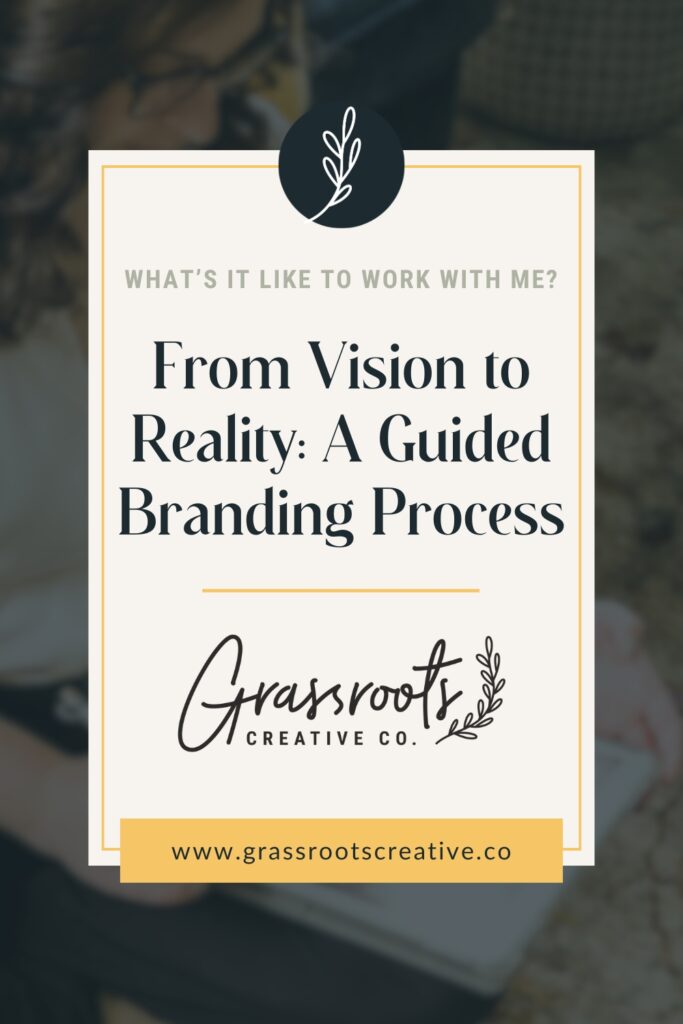 Rectangle graphic with text: From Vision to Reality: A Guided Branding Process, surrounded by Grassroots workspace.