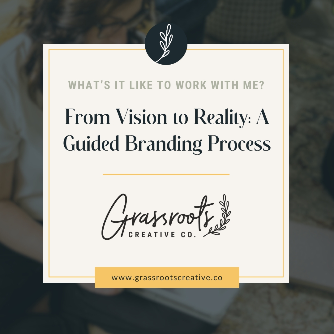 Square graphic with text: From Vision to Reality: A Guided Branding Process, surrounded by Grassroots workspace.