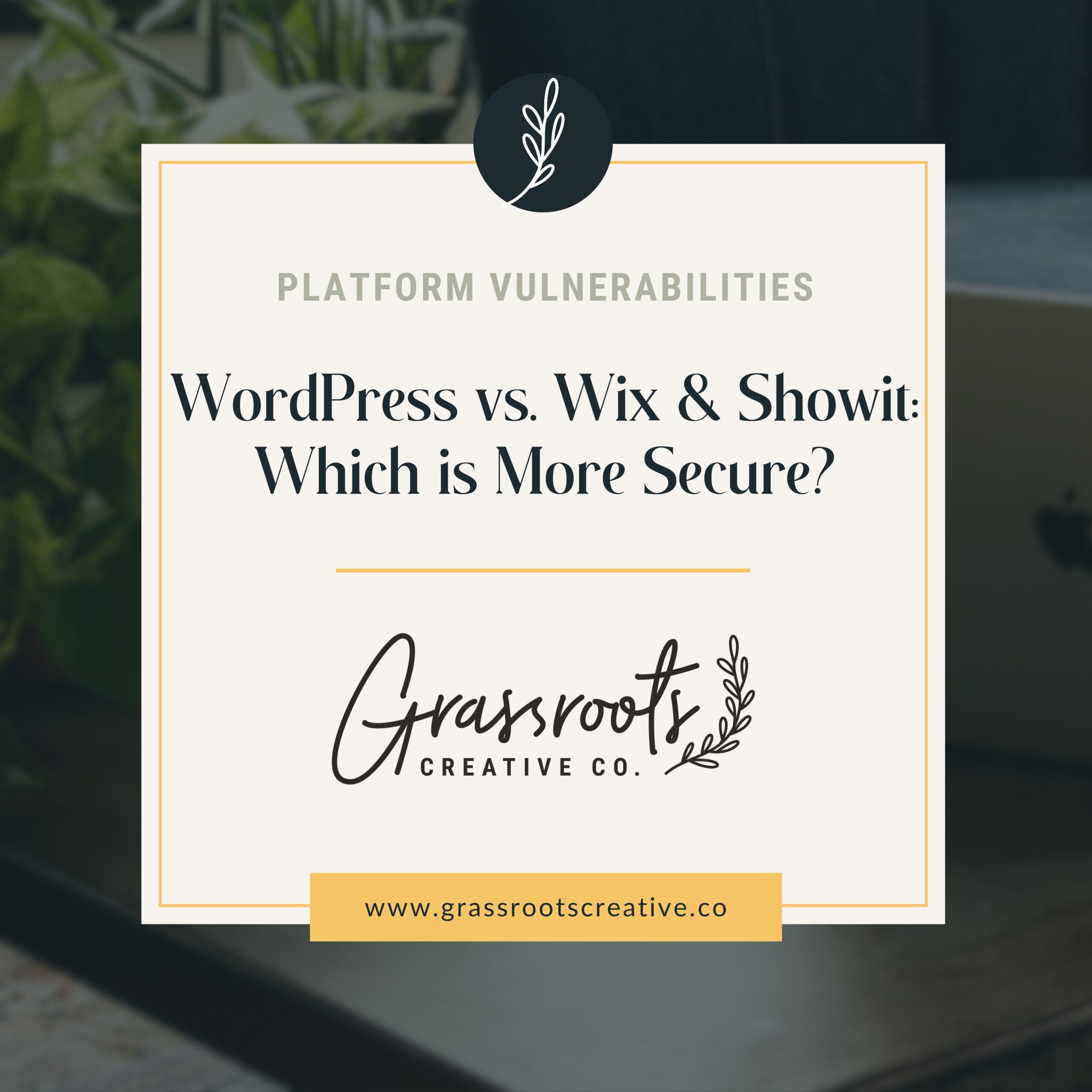 Square graphic with text: "WordPress vs. Wix & Showit," placed within the Grassroots Creative Company workspace.